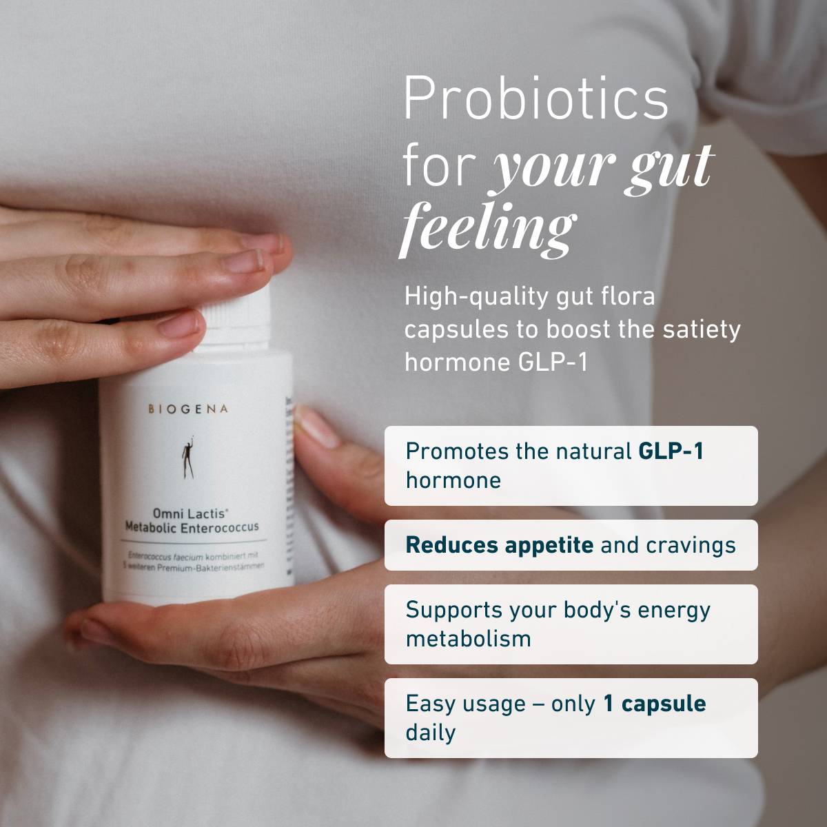Omni Lactis® Metabolic Enterococcus is a probiotic supplement with six premium bacterial strains. It supports the body’s natural GLP-1 production, helps reduce appetite and cravings, supports energy metabolism, and requi