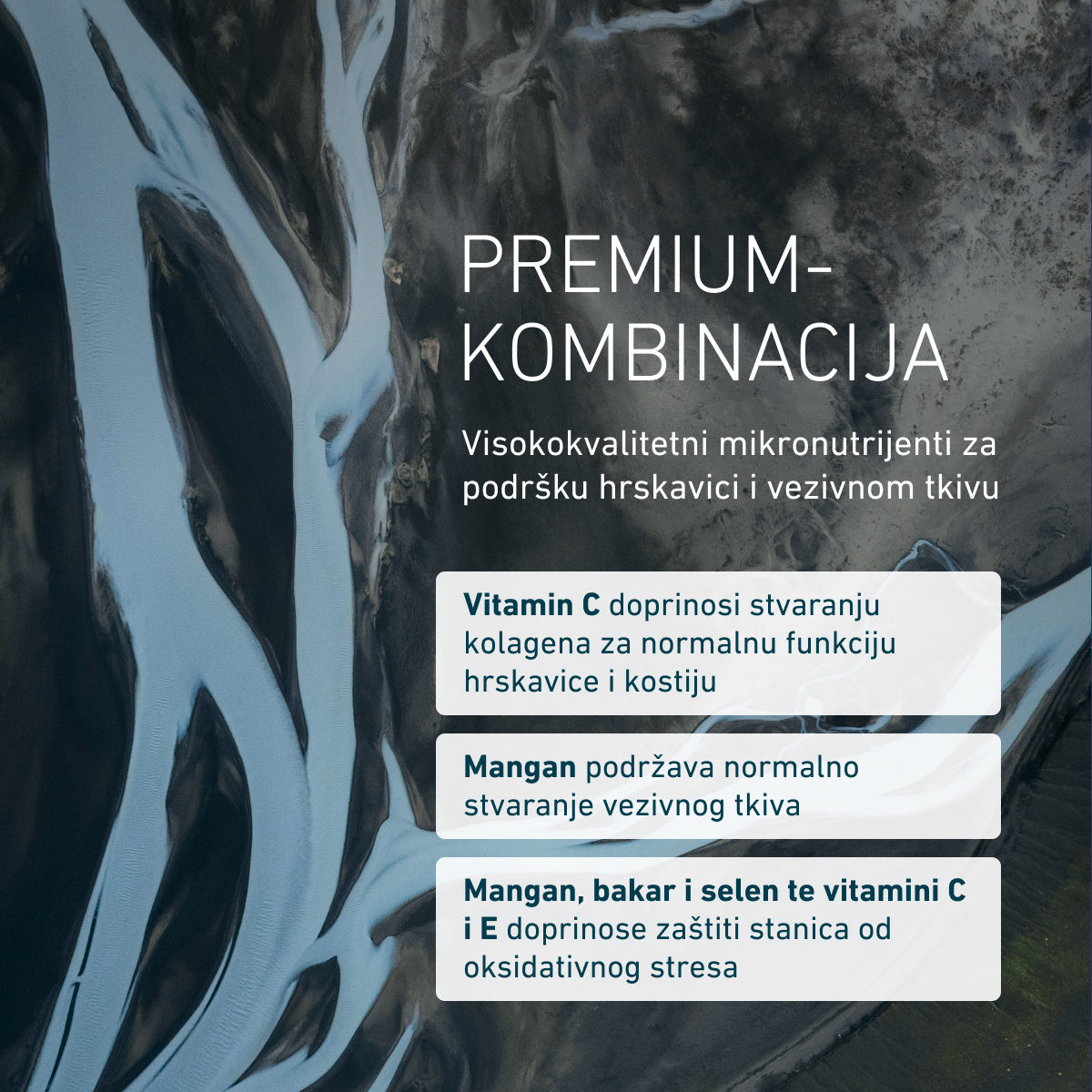 Premium kombinacija mikronutrijenata za hrskavicu i vezivno tkivo. Vitamin C doprinosi stvaranju kolagena za normalnu funkciju hrskavice i kostiju, a mangan podupire stvaranje vezivnog tkiva.