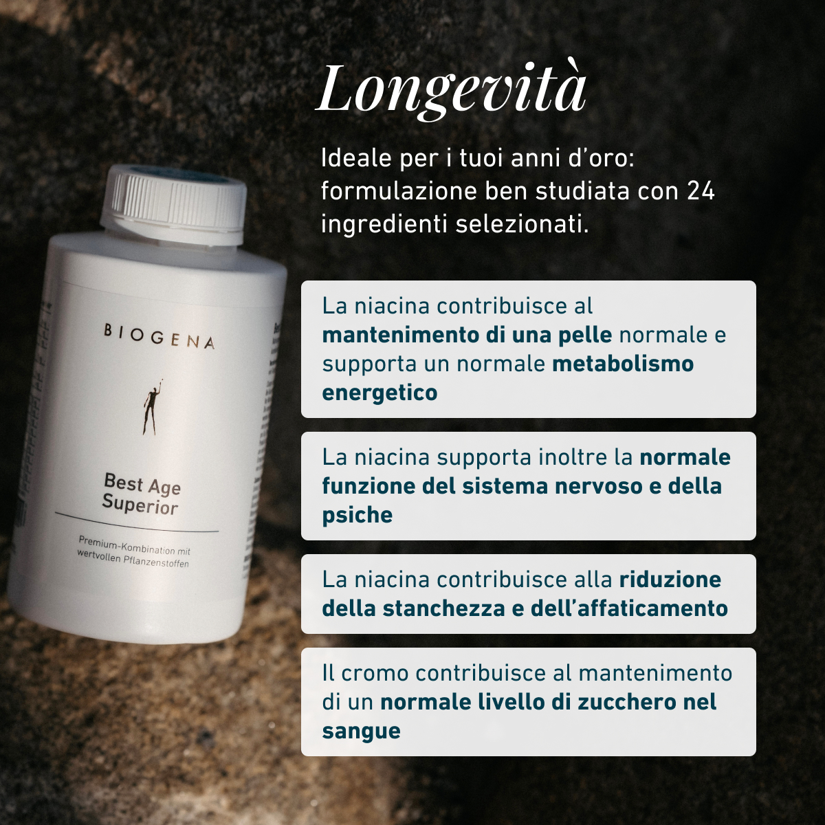 Mano con capsula Biogena Best Age Superior. Testo: Niacina supporta pelle, metabolismo energetico, sistema nervoso e psiche, riduce stanchezza, Cromo supporta zuccheri nel sangue.