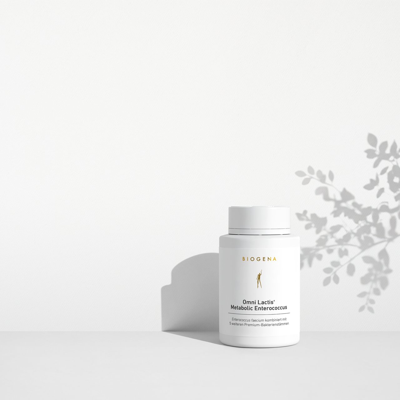 BIOGENA Omni Lactis Metabolic Enterococcus su uno scaffale bianco minimalista con ombre morbide proiettate da una pianta sullo sfondo.