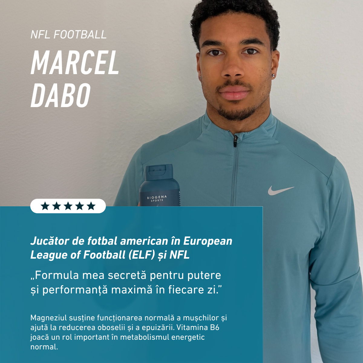 Sportiv Marcel Dabo, jucător NFL/ELF, ține în mână BIOGENA SPORTS ZMB6 și vorbește despre putere și performanță zilnică în antrenamente.