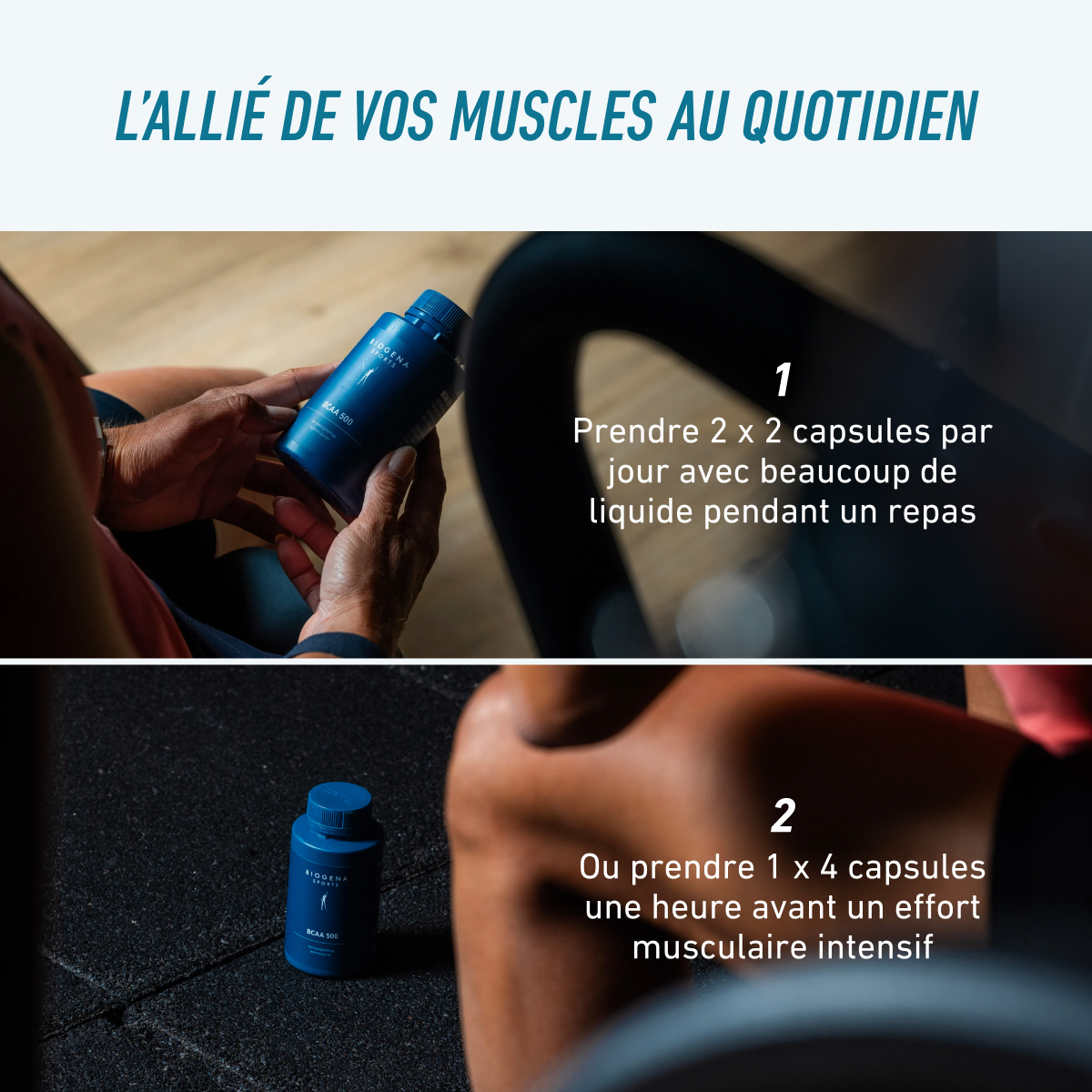 Grafika pokazuje stosowanie „Biogena Sports BCAA 500”: 2×2 kapsułki dziennie z dużą ilością płynów podczas posiłku lub 4 kapsułki 1 godzinę przed intensywnym wysiłkiem mięśniowym.