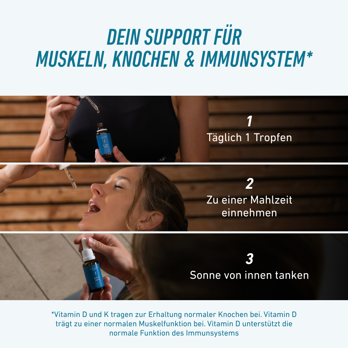 Obraz przedstawia stosowanie Biogena Sports D3 & K2 liquid w trzech krokach: jedna kropla dziennie, przyjmowana podczas posiłku, aby wspierać mięśnie, kości i układ odpornościowy na co dzień.