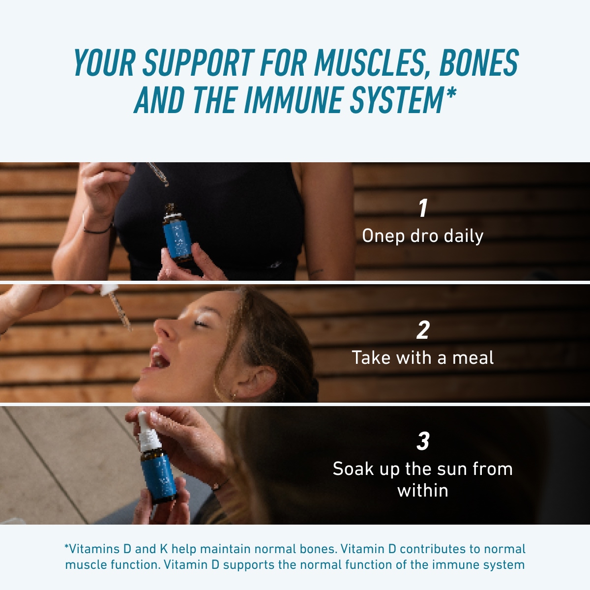Instructions for BIOGENA SPORTS D3 & K2 Liquid: take one drop daily with a meal. Convenient liquid formula designed to support bones, muscles, and the normal function of the immune system.