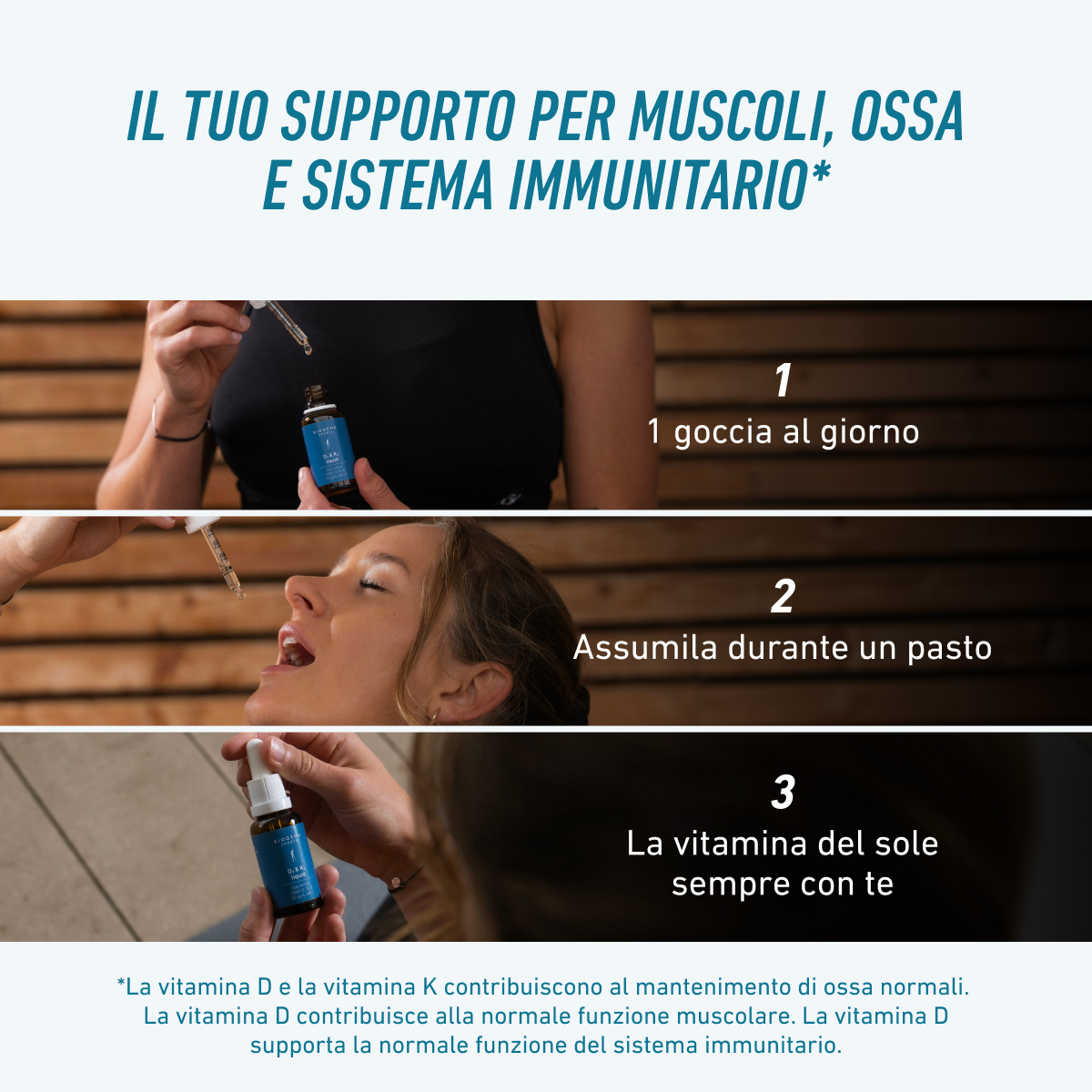 Obraz przedstawia stosowanie Biogena Sports D3 & K2 liquid w trzech krokach: jedna kropla dziennie, przyjmowana podczas posiłku, aby wspierać mięśnie, kości i układ odpornościowy na co dzień.