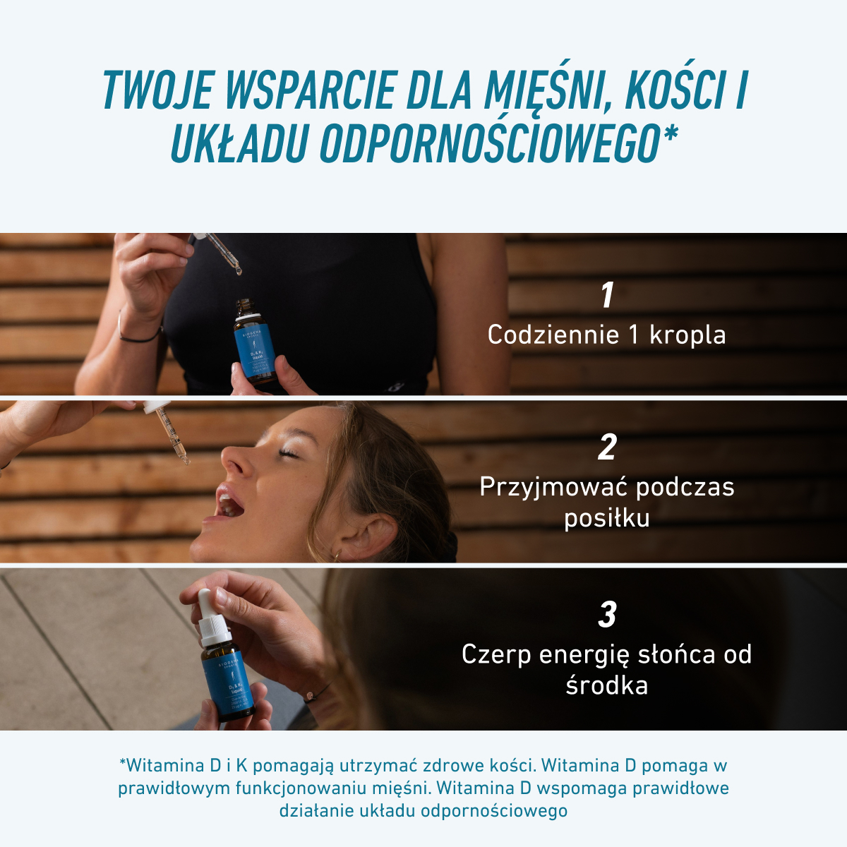 Obraz przedstawia stosowanie Biogena Sports D3 & K2 liquid w trzech krokach: jedna kropla dziennie, przyjmowana podczas posiłku, aby wspierać mięśnie, kości i układ odpornościowy na co dzień.