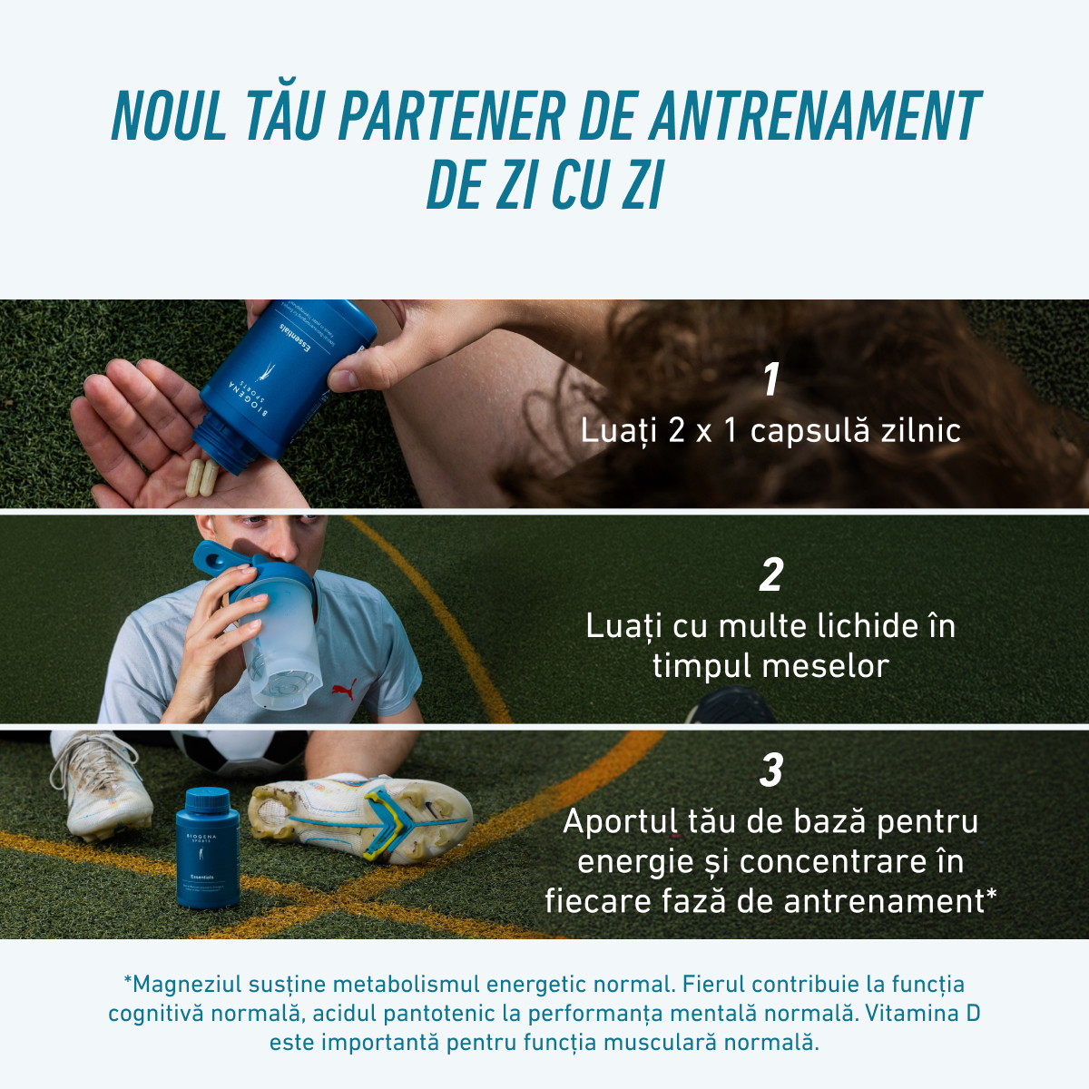 Partenerul tău zilnic de antrenament. Ia 2 capsule pe zi, cu multe lichide, ideal în timpul meselor. Suport de bază pentru energie, concentrare și performanță în fiecare fază de antrenament.