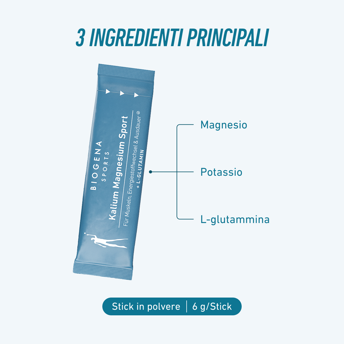Grafika sticka „Biogena Sports Kalium Magnesium Sport” przedstawia składniki: magnez, potas i L-glutaminę. Na dole: proszek | 6 g na stick.