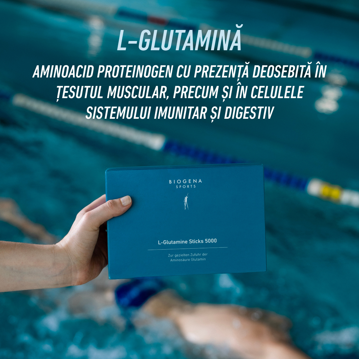 L-GLUTAMINĂ 100% PURĂ BIOGENA SPORTS: 5 g per stick, fără gust, ușor de amestecat, obținută prin fermentarea carbohidraților din porumb, puritate verificată în laborator, 100% vegan.