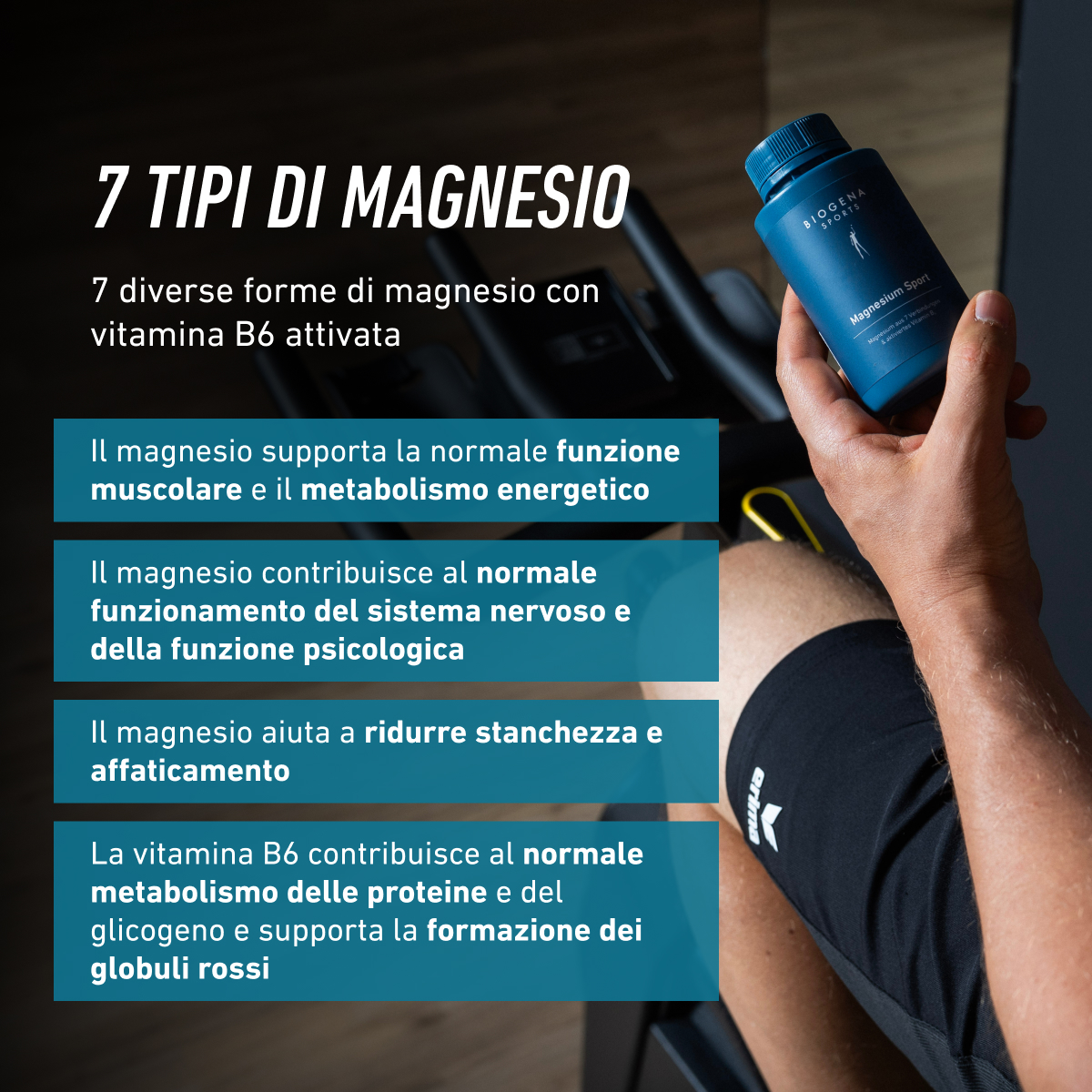 Biogena Sports Magnesium Sport z 7 formami magnezu i aktywną witaminą B6. Magnez wspiera prawidłowe funkcjonowanie mięśni, metabolizm energetyczny, układ nerwowy oraz pomaga zmniejszyć uczucie zmęczenia i znużenia.