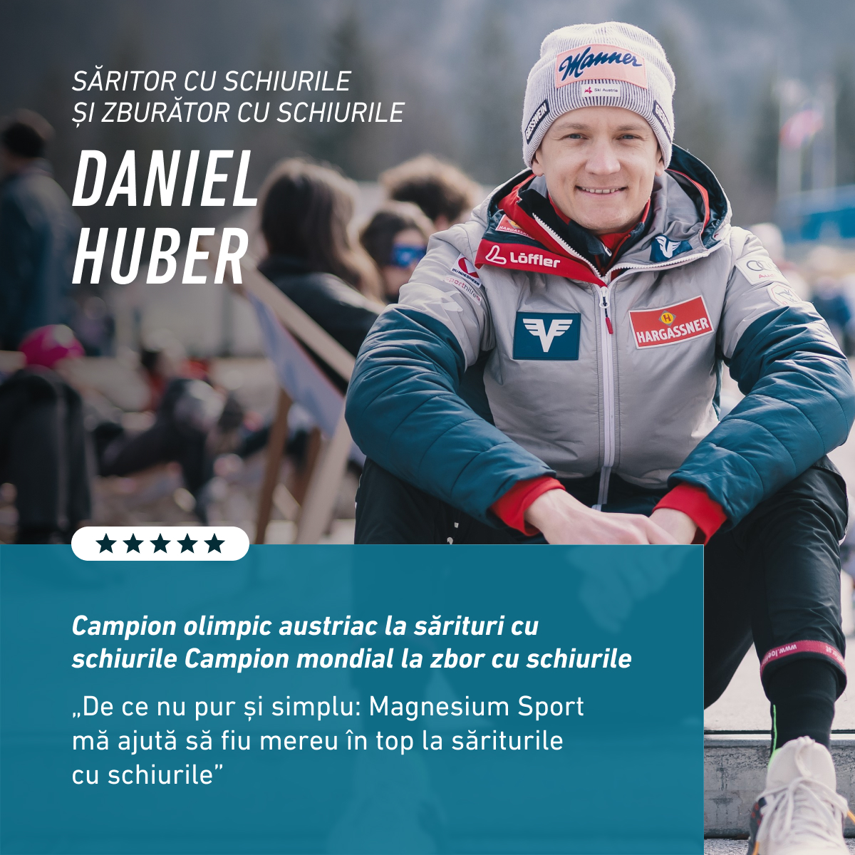 Daniel Huber, sportiv austriac de sărituri cu schiurile, recomandă Magnesium Sport BIOGENA pentru susținerea performanței și a energiei în antrenamente intense.