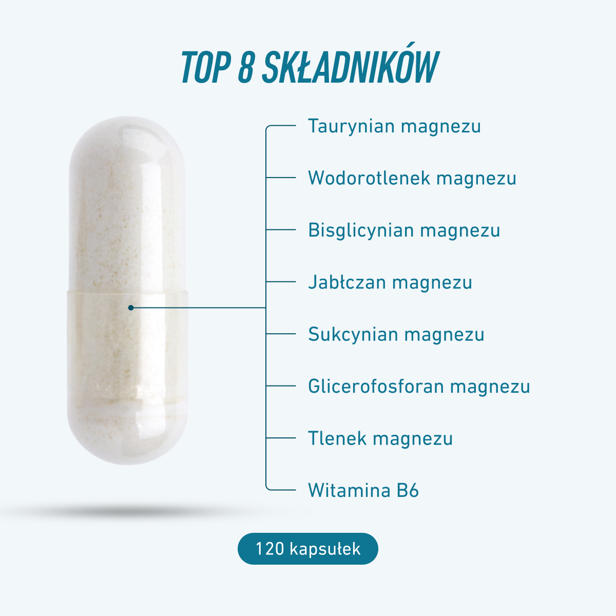 Biogena Sports Magnesium Sport z 8 wyselekcjonowanymi składnikami: siedmioma formami magnezu, w tym taurynianem, diglicynianem, jabłczanem i bursztynianem magnezu, uzupełnionymi witaminą B6. Do codziennej suplementacji.