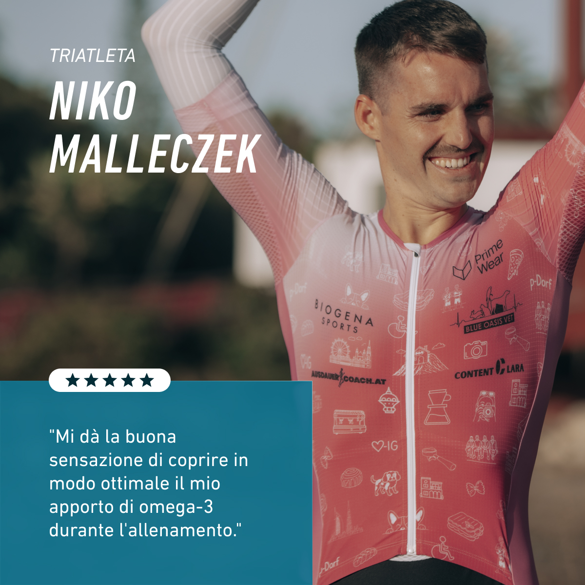Niko Malleczek, triatleta, utilizza BIOGENA SPORTS Omega-3 Oil Vegan e apprezza l’apporto quotidiano di omega-3 durante l’allenamento.