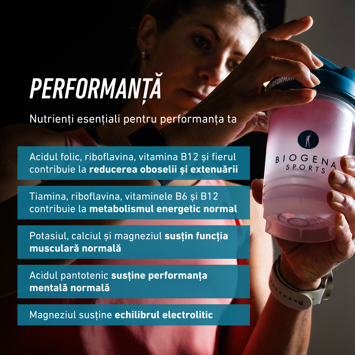 20 de micronutrienți pentru suport de bază în sport. Susține energia, concentrarea și funcția musculară. BIOGENA SPORTS Performance oferă aport optim pentru performanță zilnică.