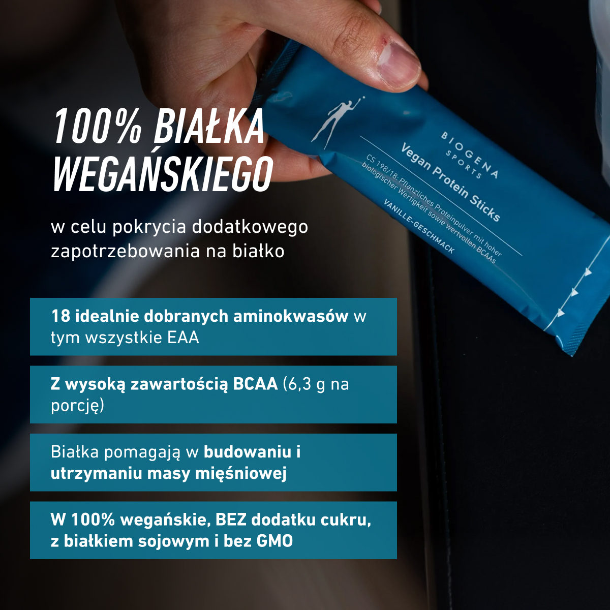 Obraz przedstawia Biogena Sports Vegan Protein Sticks. Podkreślono 18 aminokwasów, w tym EAA, wysoką zawartość BCAA oraz wsparcie masy mięśniowej – produkt w 100% wegański, bez dodatku cukru i GMO.