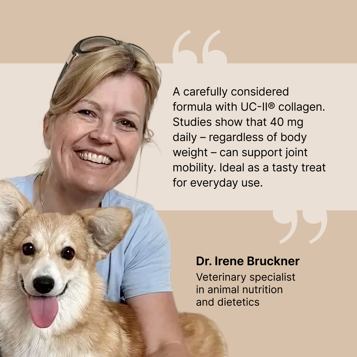 woman with dog, English text, Dr. Irene Bruckner, beige background