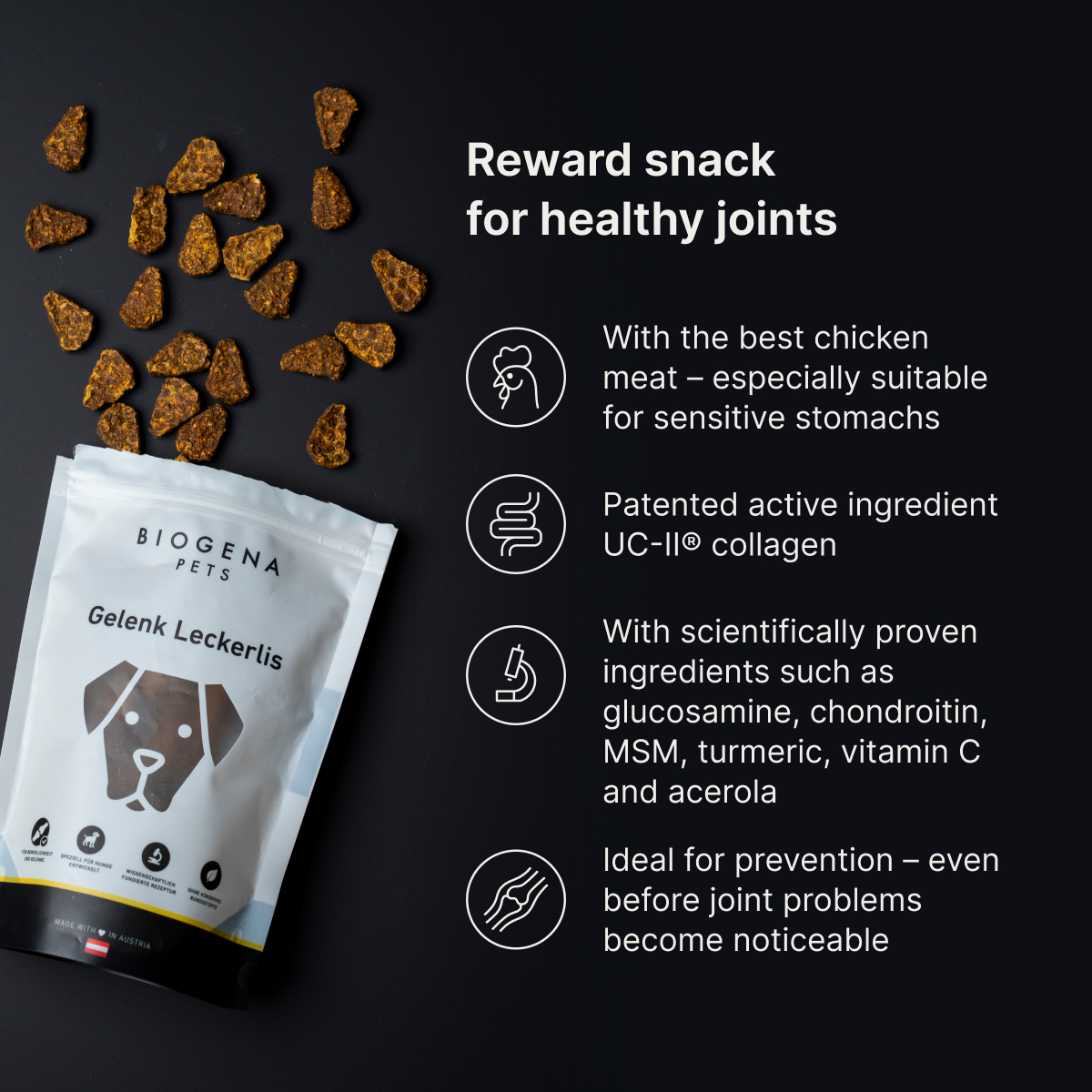 Biogena Pets Gelenk Leckerlis pouch, dog treats, text and icons, dark background