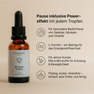 BIOGENA PETS Erholung Tropfen Tropfflasche, beiger Hintergrund, Icons, englischer Text