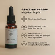Biogena Pets Fokus Tropfen Tropfflasche, beige Hintergrund, englischer Text, Symbole