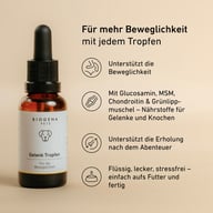 Biogena Pets Gelenk Tropfen Tropfflasche, Text und Symbole auf beigem Hintergrund