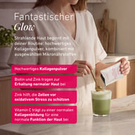 Persona che versa BIOGENA AESTHETICS Premium Collagen Powder+ in una bevanda. Collagene di alta qualità con biotina, zinco e vitamina C, che contribuiscono al mantenimento di una pelle normale e alla formazione del colla