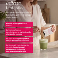 Persona che versa BIOGENA AESTHETICS Premium Collagen Powder+ in una bevanda. Collagene di alta qualità con biotina, zinco e vitamina C, che contribuiscono al mantenimento di una pelle normale e alla formazione del colla