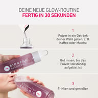 Preparazione di BIOGENA AESTHETICS Premium Collagen Powder+: aggiungi la polvere a una bevanda, mescola fino a completo scioglimento e gusta. Beauty routine pronta in 30 secondi.