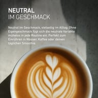 Tazza di caffè con latte art. Testo: collagene dal gusto neutro, ideale per un uso quotidiano. Si scioglie facilmente in acqua, caffè, tè o frullati senza alterarne il sapore.