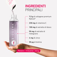 BIOGENA AESTHETICS Premium Collagen Powder+ versato in una borraccia. Contiene 7,5 g di collagene Naticol®, vitamina C, estratti di ibisco e melograno, zinco e biotina. Confezione da 15 bustine.