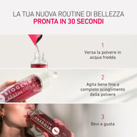 Guida in tre passaggi per preparare una bevanda al collagene: aggiungere la polvere in acqua fredda, mescolare bene fino a completo scioglimento e infine bere e gustare.
