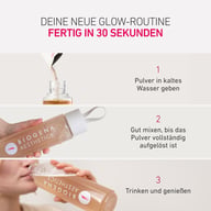Routine glow in tre passaggi: aggiungi la polvere all’acqua fredda, mescola bene fino a completa dissoluzione e gusta la bevanda come parte della tua routine beauty quotidiana.