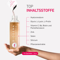 Visual del prodotto con bottiglia e ingredienti principali: acido ialuronico, glicina, L-lisina, L-prolina, vitamine C e B6, biotina, acido pantotenico, zinco, selenio, silicio ed estratti vegetali. 15 bustine da 6 g.