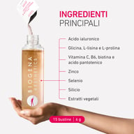 Visual del prodotto con bottiglia e ingredienti principali: acido ialuronico, glicina, L-lisina, L-prolina, vitamine C e B6, biotina, acido pantotenico, zinco, selenio, silicio ed estratti vegetali. 15 bustine da 6 g.
