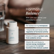Bottle of Nutrifem Agnubalance on a table. Text highlights hormonal balance support for women during menopause: contains Vitamin B6, Vitamin E for antioxidant protection, and supports normal energy metabolism and immune 