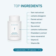 Nutrifem Agnubalance capsule. Text shows ingredients including yam root extract, fennel extract, monk’s pepper extract, and Vitamin B6