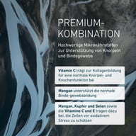 COMBINAȚIE PREMIUM – Micronutrienți de înaltă calitate pentru cartilaj și țesut conjunctiv. Vitamina C susține formarea colagenului, manganul contribuie la țesut conjunctiv normal, iar vitaminele C și E protejează celule