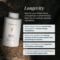 Hand holding Biogena Best Age Superior capsules. Text explains Niacin supports skin, energy metabolism, nervous system & psyche, reduces fatigue, Chromium supports normal blood sugar levels.