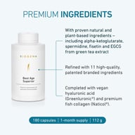 Biogena Best Age Superior bottle with 180 capsules. Contains premium ingredients including alpha-ketoglutarate, spermidine, fisetin, EGCG, 11 patented raw materials, vegan hyaluronic acid, and fish collagen.