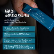 Mână care ține BIOGENA SPORTS Vegan Protein Stick, cu accent pe „100% proteine vegane”, 18 aminoacizi esențiali și BCAA pentru susținerea masei musculare și recuperare.