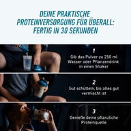 Instrucțiuni de preparare pentru Vegan Protein Sticks: se adaugă pudra în apă sau băutură vegetală, se agită bine și se consumă imediat după antrenament.