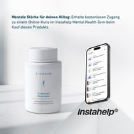 BIOGENA Erdensalz® Mineralien neben Smartphone mit Instahelp Mental Health Gym App. Hinweis auf kostenlosen Online-Kurs beim Kauf des Produkts zur Unterstützung mentaler Stärke im Alltag.