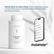 BIOGENA Gedächtnis-Kraft® neben Smartphone mit Instahelp Mental Health Gym App. Hinweis auf kostenlosen Online-Kurs beim Kauf des Produkts zur Unterstützung mentaler Stärke im Alltag.
