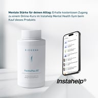 BIOGENA PanthoPlex B5® neben Smartphone mit Instahelp Mental Health Gym App. Hinweis auf kostenlosen Online-Kurs beim Kauf des Produkts zur Unterstützung mentaler Stärke im Alltag.