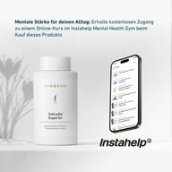 BIOGENA Safrodia® Superior neben Smartphone mit Instahelp Mental Health Gym App. Hinweis auf kostenlosen Online-Kurs beim Kauf des Produkts zur Unterstützung mentaler Stärke im Alltag.