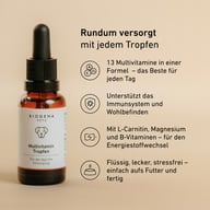 BIOGENA PETS Multivitamin Tropfen Tropfflasche, beiger Hintergrund, Text, Piktogramme