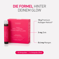 Visual prodotto con confezione e fiala di collagene da bere. Evidenziati 10 g di collagene premium Naticol®, zinco e manganese, con confezione da 10 fiale da 25 ml.