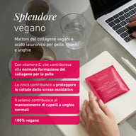 Scena lifestyle z laptopem, kawą i saszetką ProKollagen & Hyaluron+ na notesie. Tekst podkreśla roślinne składniki kolagenowe, kwas hialuronowy, witaminę C, cynk, selen oraz formułę wspierającą skórę, włosy i paznokcie.