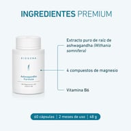 Produkt Ashwagandha Formula z pokazanymi składnikami: czysty ekstrakt z korzenia Ashwagandhy, 4 związki magnezu, witamina B6, 60 kapsułek, 2-miesięczne opakowanie, 48 g.