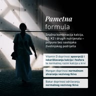 Osoba w cieniu przed betonową ścianą, z informacjami o BIOGENA Osteo Caldebor Vegan i inteligentnej formule z wapniem, witaminą D3, K2, manganem i miedzią.