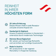 Grafika o czystości BIOGENA z informacjami o 20 latach doświadczenia, pracy ręcznej i technologii high-tech, wysokiej biodostępności oraz produkcji w Austrii.
